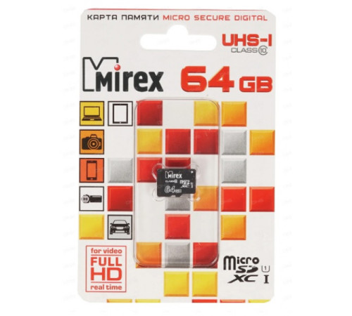 Карта памяти microSDXC MIREX 64GB (UHS-I, U1, class 10)